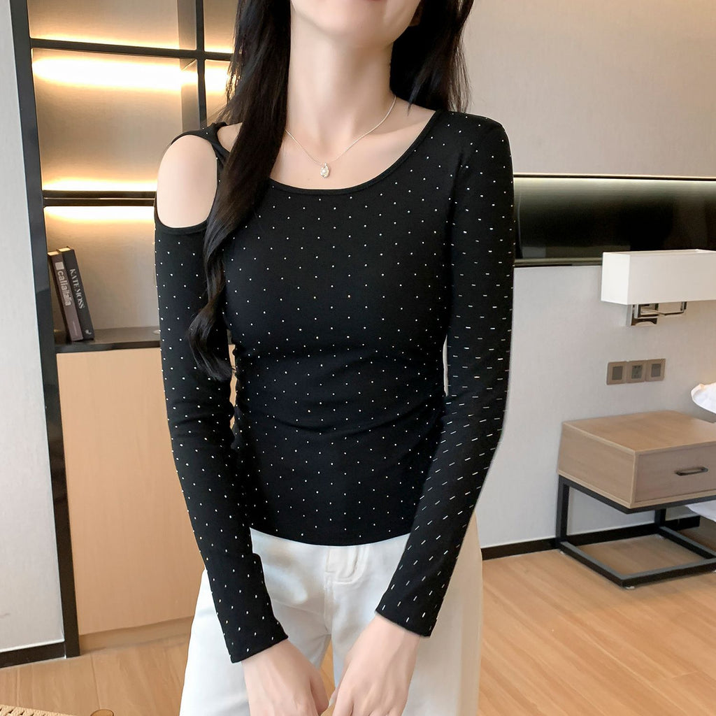 Rhinestone Shoulder-Baring Long Sleeve T-Shirt for Women, Fitted Slim Fit, Stylish Inner Layer Top