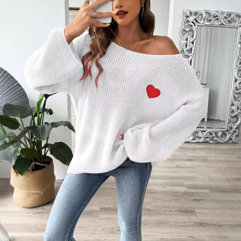 Lady's Crewneck Sweater Top, One-shoulder Off-shoulder Flared Sleeve with Heart Embroidery Applique Knitwear