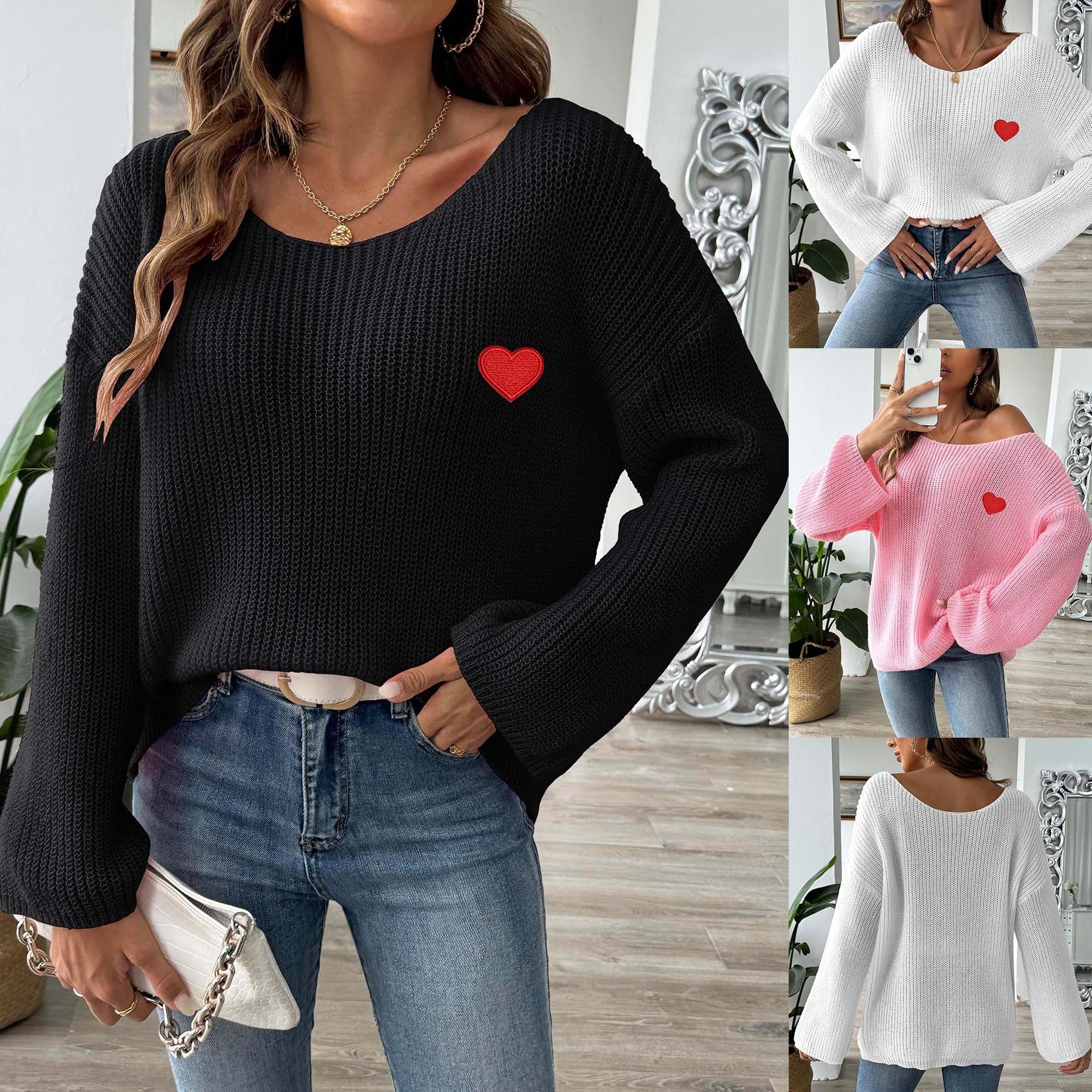 Lady's Crewneck Sweater Top, One-shoulder Off-shoulder Flared Sleeve with Heart Embroidery Applique Knitwear