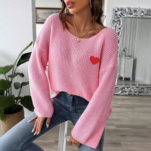 Lady's Crewneck Sweater Top, One-shoulder Off-shoulder Flared Sleeve with Heart Embroidery Applique Knitwear