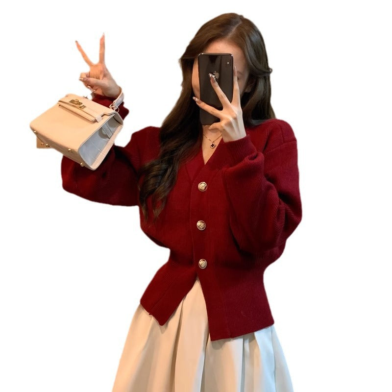 Cherry Red Knit Cardigan for Women, Stylish Waist-Cinching Slim Fit Sweater Coat, Festive Christmas and New Year Outfit