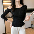 Rhinestone Shoulder-Baring Long Sleeve T-Shirt for Women, Fitted Slim Fit, Stylish Inner Layer Top