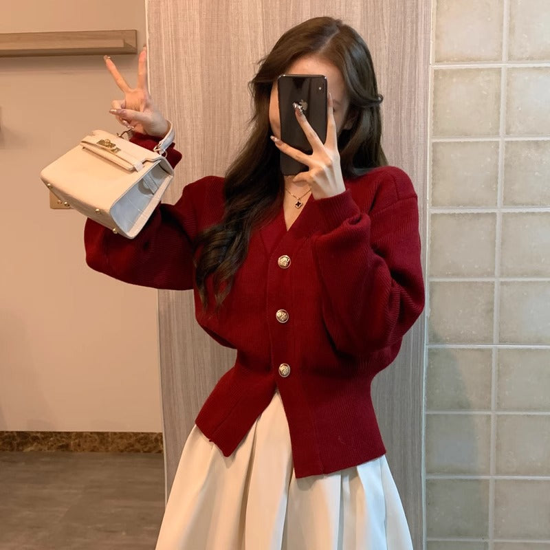 Cherry Red Knit Cardigan for Women, Stylish Waist-Cinching Slim Fit Sweater Coat, Festive Christmas and New Year Outfit
