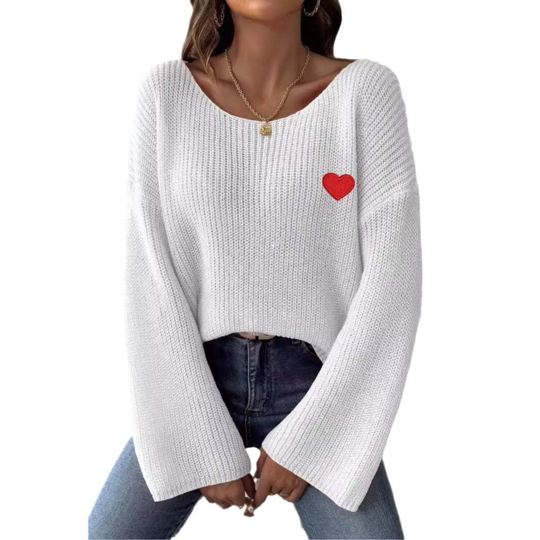 Lady's Crewneck Sweater Top, One-shoulder Off-shoulder Flared Sleeve with Heart Embroidery Applique Knitwear
