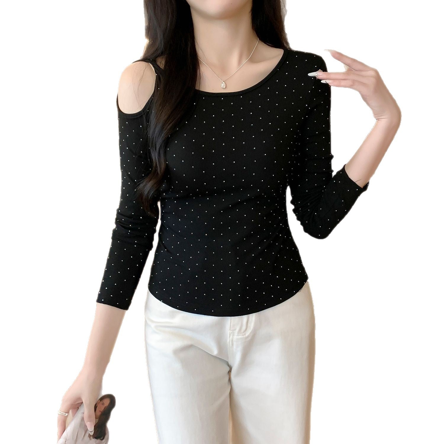 Rhinestone Shoulder-Baring Long Sleeve T-Shirt for Women, Fitted Slim Fit, Stylish Inner Layer Top